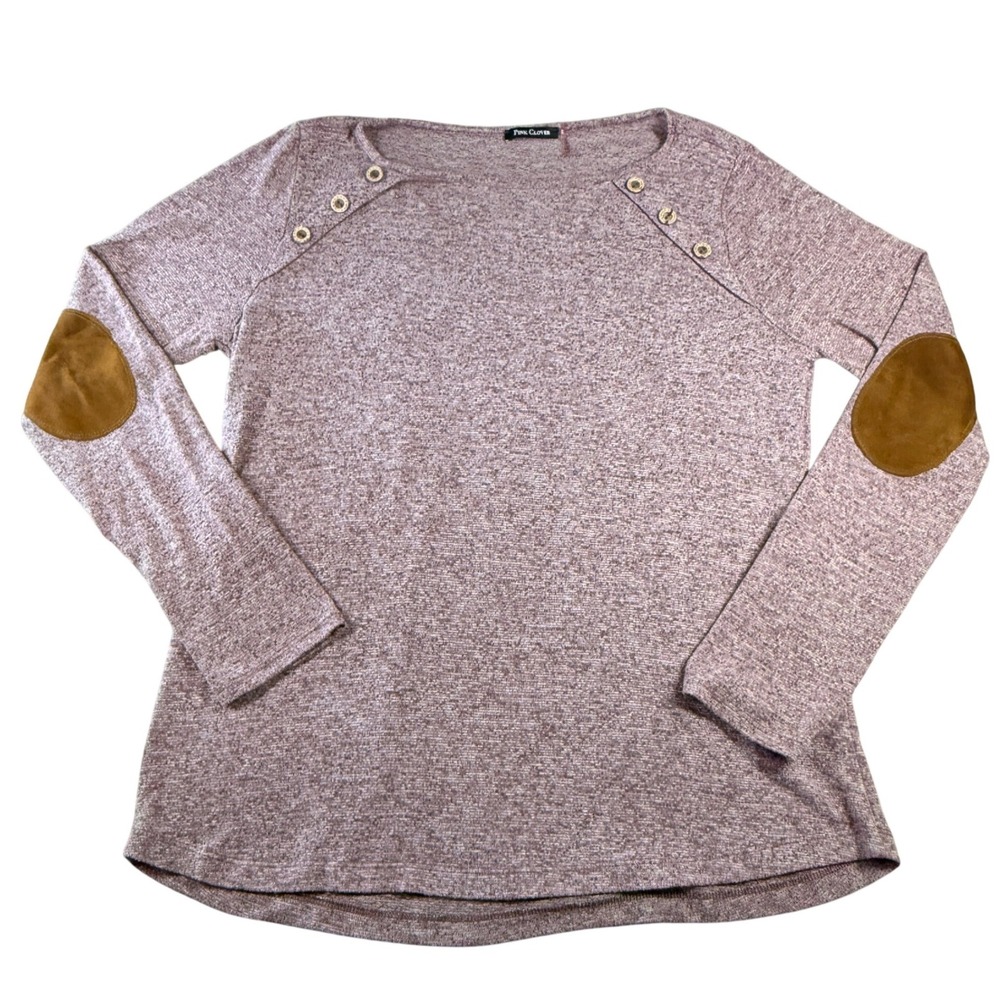 Pink Clover Pullover Women L Mauve Marl Top Elbow Patch Button Detail Knit L/S‎